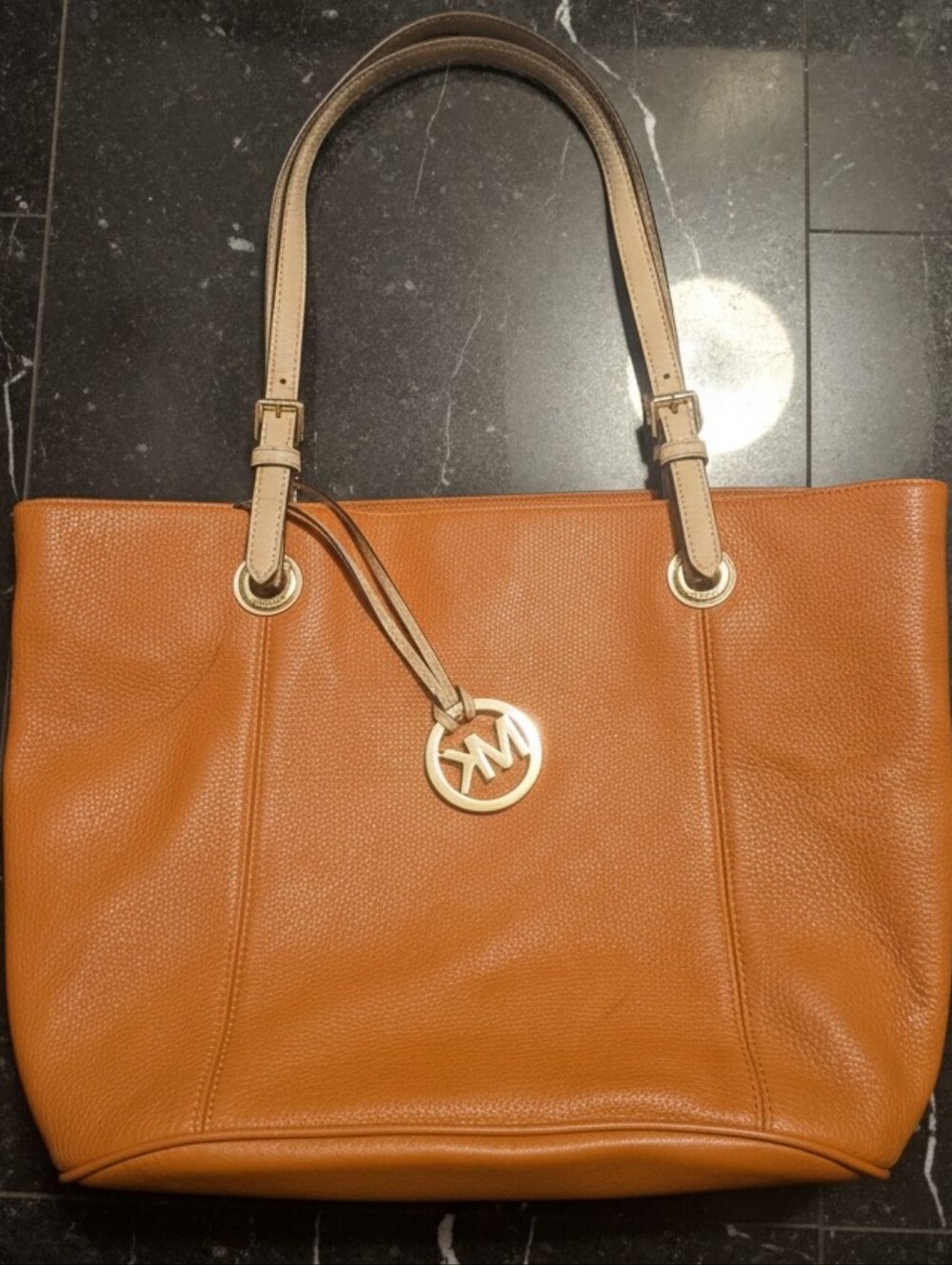 Michael Kors Orange Leather Tote Bag with Logo Charm-slight Damage
